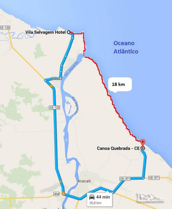 Mapa da nossa caminhada pela praia, do hotel em Pontal do Maceió, em Fortim, até Canoa Quebrada, passando pelo rio Jaguaribe. O percurso tem metade da distância de quem vai de carro